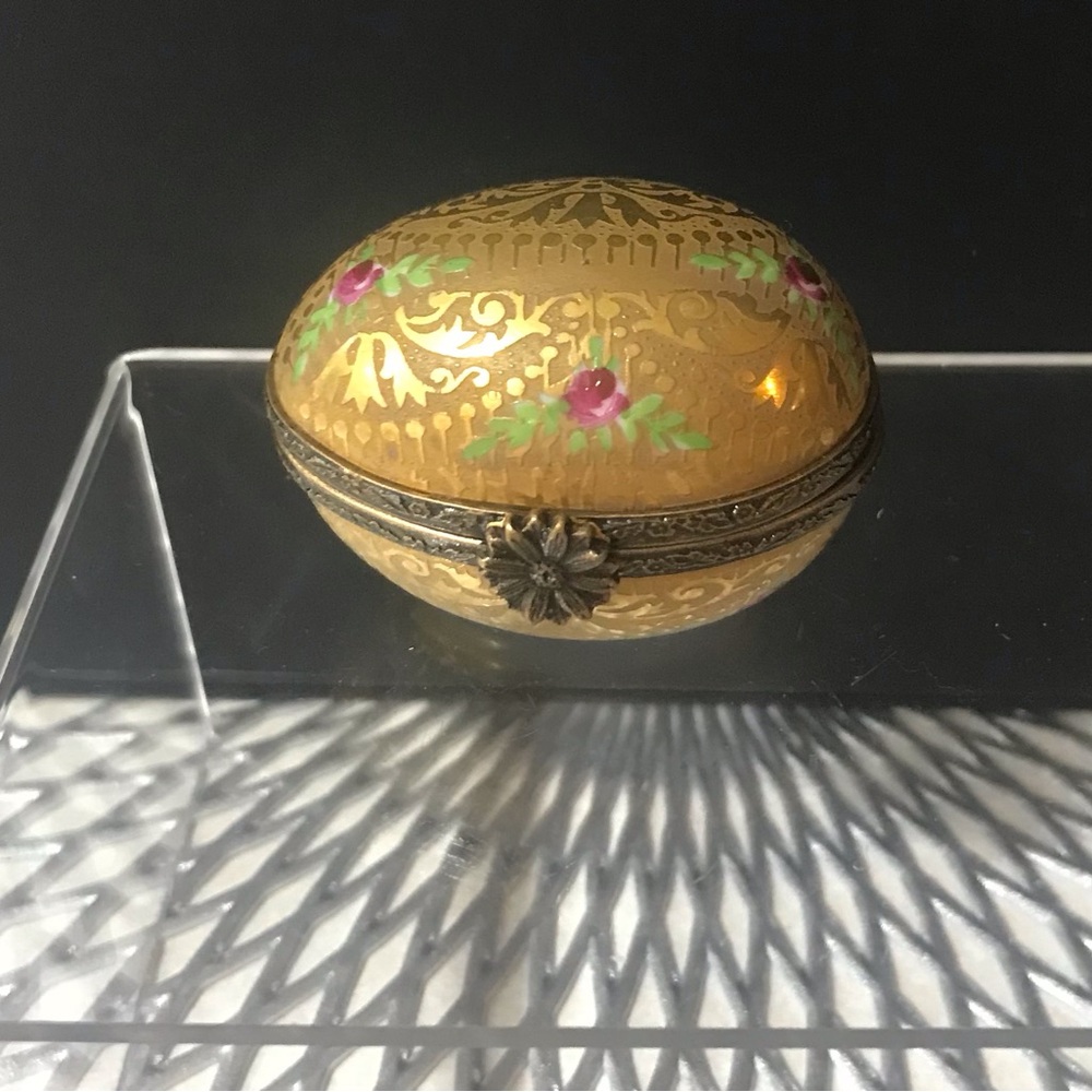 Signed, Vintage, Limoges Gold Floral Ceramic Egg Trinket Box